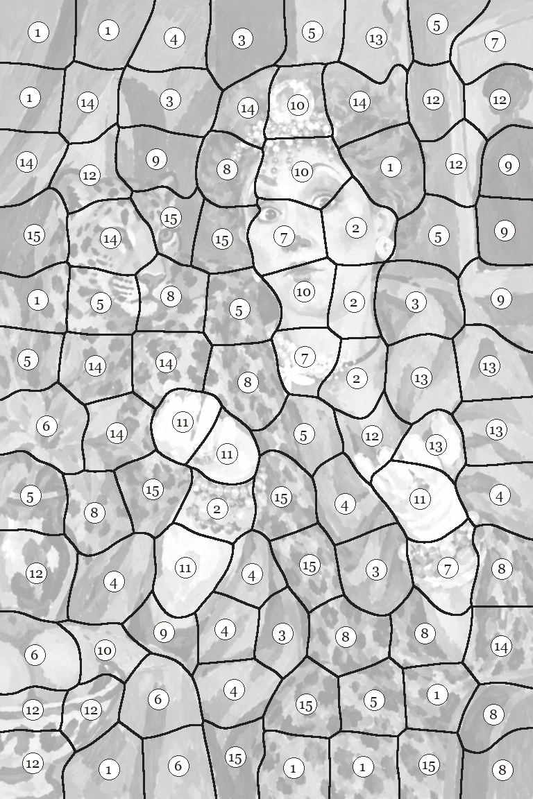 Ilustração de Jacobine dividida em 96 áreas numeradas para colorir